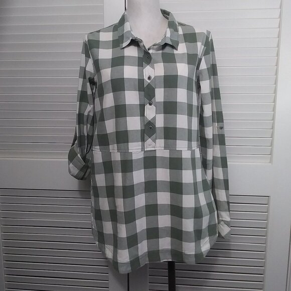 Caslon Tops - Caslon Green White Large Check Cotton Flannel Tunic Roll Tab Sleeves Size Small